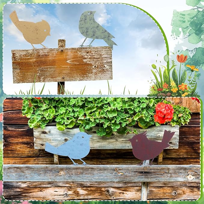 Frienda 5 Pcs Rusty Metal Birds Decoration, Outdoor Metal Birds Wall Decor, Yard & Fence Bird Craft Statue Ornament - Garden Sculptures and Yard Art Fence Decorations Outdoor Rustic Garden Decor