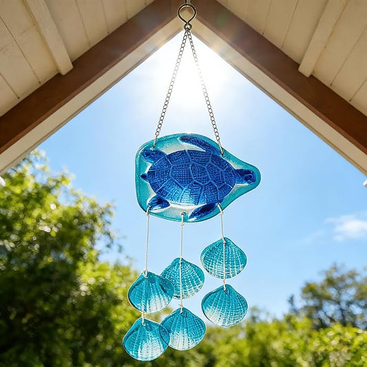 H&D HYALINE & DORA 20 Inch Glass Sea Turtle Wind Chimes Blown Glass Seashell Wind Chimes for Outside Handmade Wind Chime Decorative for Living Room, Bedroom, Beach House