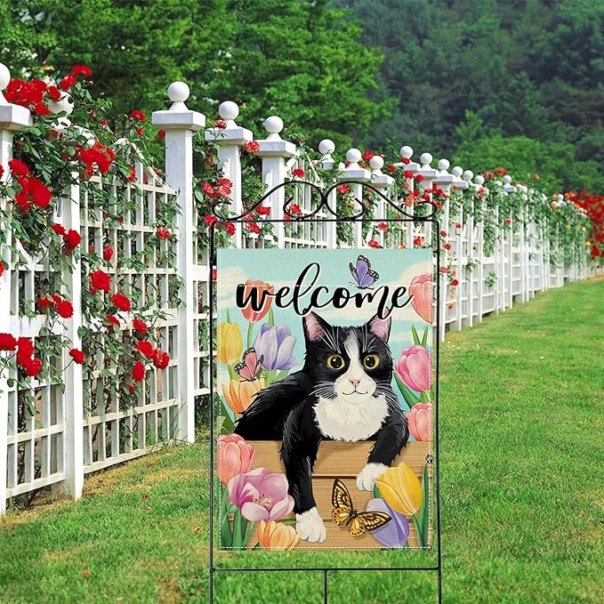 Artofy Welcome Spring Summer Tuxedo Cat Large Decorative House Flag, Tulip Flower Butterfly Yard Garden Outside Decor Pet Owner Lover Gift, Seasonal Floral Outdoor Home Decoration Double Sided 28 x 40