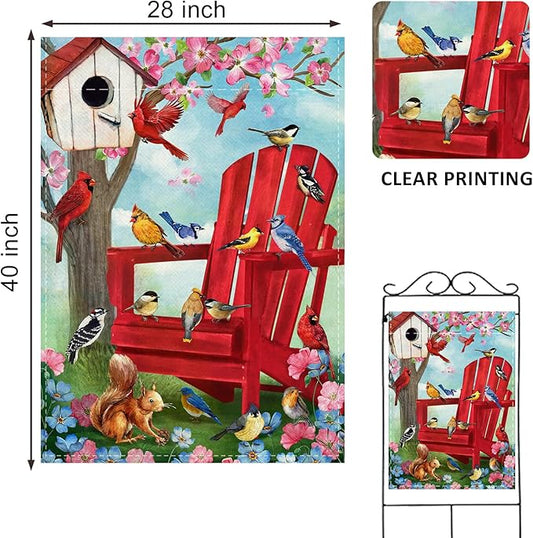 Spring Summer Red Chair Birds Decorative House Flag, Cardinal Blue Jay Squirrel Birdhouse Flowers Garden Yard Outside Decorations, Farmhouse Burlap Outdoor Large Home Decor Double Sided 28 x 40