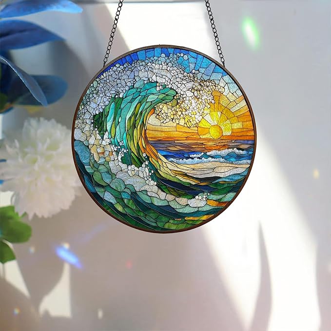 Bimkole Sun Waves Stained Glass Suncatcher Window Hanging - Landscape Indoor Window or Doorway Decoration - Handmade Sun Catcher Decor for Garden Home Christmas & Birthday Gifts 7.87x7.87 Inch