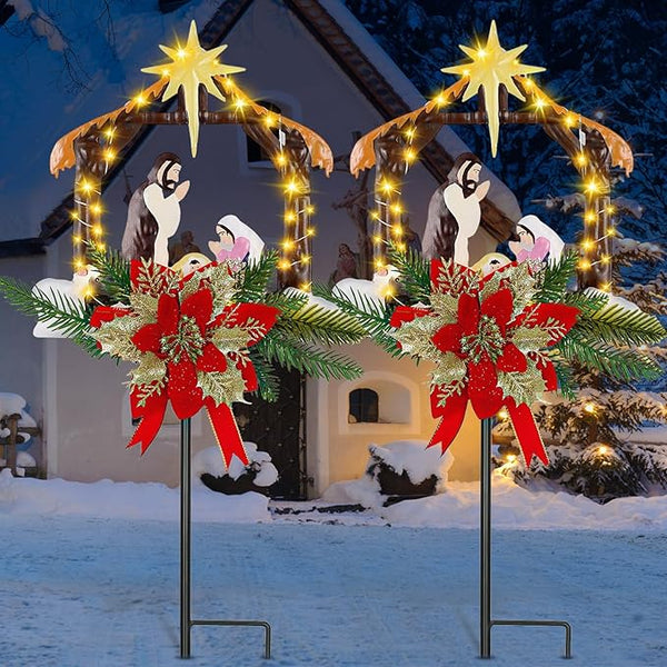 Moukeren 2 Pcs 2 Pcs 3.5ft Nativity Scene Outdoor Yard Stakes, Solar Lighted Outdoor Metal Christmas Nativity Scene Decoration for Christmas Holiday Lawn Garden Yard Decoration (Vivid)