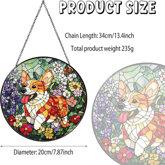 Corgi Stained Glass Window Hanging Corgi Flowers Sun Catcher Decor Dog Lover Gifts for Women Christmas Suncatchers for Garden Home Windows Hanging Decoration, 7.87inch