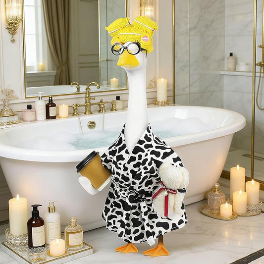 Lady Porch Goose Outfits,Bathrobe Porch Goose Statue Costume with Curlers Reading Glasses Coffee Cup Towel,Cute Goose Clothes for 23-Inch Cement Statue,Lawn Yard Garden Patio Decor(Cow Print)