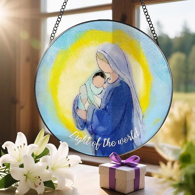 8'' Virgin Mary and Jesus Religious Ornament, Stained Glass Window Hanging, Sun Catcher Window Decor, Christian Holiday Decor, Gifts for Christmas, Christian Gift, Religious Gift