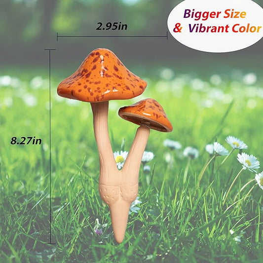 Ceramic Mushroom Outdoor Decor - 2pcs Mushroom Statue Decor for Garden, Lawn, Flower Pot Fairy Garden Stake 8.27'' in Height