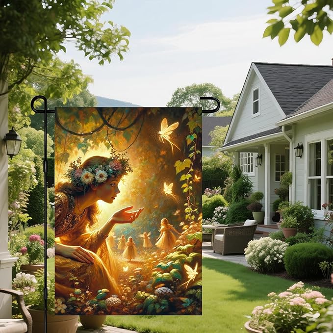 IVN Spring Fairy Garden Flag 12x18 Inch Double Sided Enchanted Forest Flag with Flower Crown Fairy and Glowing Fairies Fantasy Yard Decor for Outdoor Lawn Porch or Seasonal House Decoration