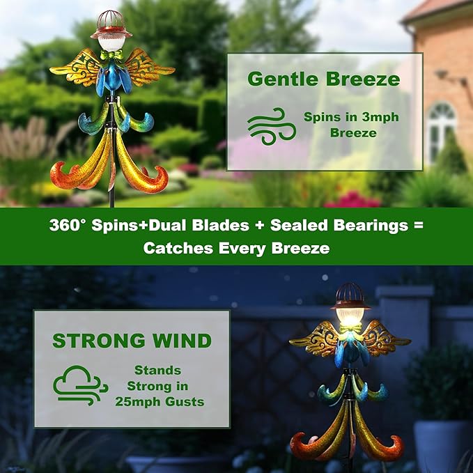 Yard Garden Wind Spinners - Large Outdoor Metal Wind Spinners with Stake, Yard Art Lawn Garden Decor Colorful Angel-Shaped Wind Vane (19.5" W x 79" H)