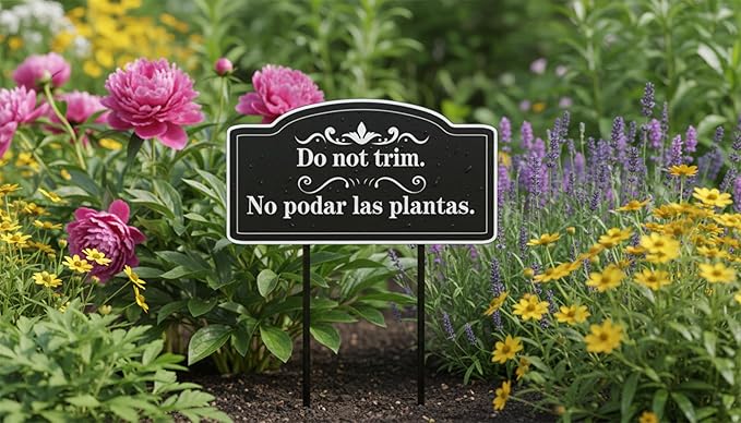 Soaoo 4 Pcs Corrugated Plastic Do Not Trim Yard Signs with Stakes 6.2 x 3.3 Inch 9.2 x 4.9 Inch Plant Signs Bilingual Garden Markers for Outdoor Lawn (Black,Elegant)