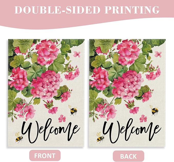 Welcome Spring Summer Geranium Decorative Garden Flag, Pink Floral Flowers Bees Yard Outside Decorations, Seasonal Burlap Outdoor Small Home Decor Double Sided 12 x 18