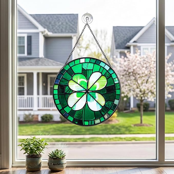 Stained Glass Window Hanging, Green Four Leaf Clover Suncatcher 7.8 in Sun Catcher Boho Wall Art Decor with Chain Diamond Glass Panel Hangings Scenery Sun Catchers Decor for Lover Couple Mom
