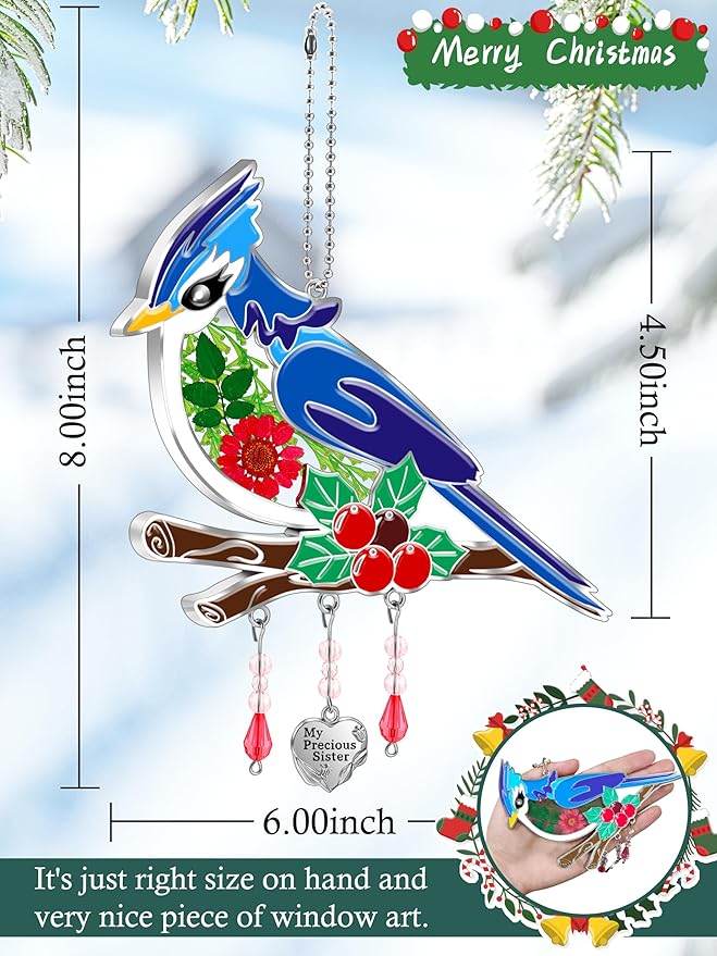 KY&BOSAM Blue Bird Suncatcher My Precious Sister Gift Glass Sun Catchers for Window Hainging Wind Chime Ornament with Real Flower and Metal Charm Birthday Gifts for Women Sister Mother's Day Christmas