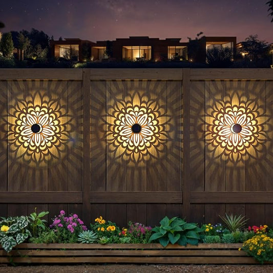 2 Pack Solar Fence Lights Metal Solar Powered Outdoor Wall Deck Step Lights Mandala Theme Waterproof Fence Light for Garden Post Patio Backyard Yard Decor, Gardening Gifts for Women Mom Grandma