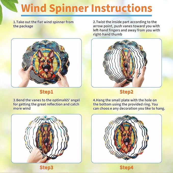 German Shepherd Wind Spinners Outdoor - 3D Cute Dog for Women, Wind Spinner for Yard Patio Ornament Garden Decor, 12 Inch Hanging Kinetic Metal Wind Spinners Sculpture
