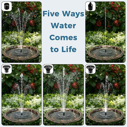 Solar Fountain for Bird Bath with Colorful LED Lights, Floating Solar Fountain, 3W Solar Powered Water Fountain Pump with Strong Spray & 5 Nozzles for Garden, Pond, Pool, 26 LED Lights