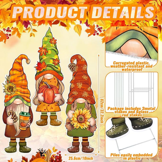 Umigy 3 Pcs Thanksgiving Yard Decor Cute Fall Autumn Gnome Yard Sign with Stakes 32 x 10 Inch Gnome Outdoor Lawn Decor, Outside Thanksgiving Garden Decoration for Home Pathway Walkway