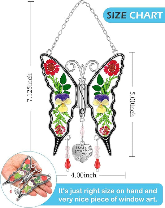 KY&BOSAM Butterfly Suncatcher for Window Hanging I Said a Prayer for You Stained Glass Catchers Real Flower Hangings Wind Chimes Home Decor Gifts for Women Mothers Day Birthday Thanksgiving Christmas