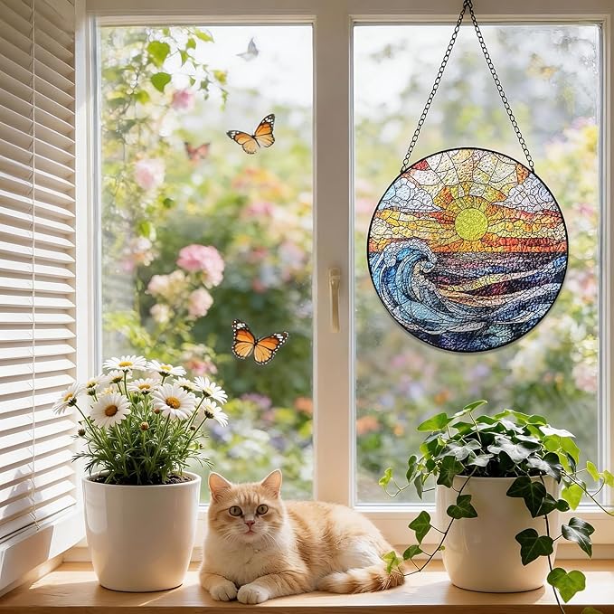 Stained Glass Window Hanging, 8 Inch Ocean Waves Suncatcher, Sun Catchers Indoor Window, Beach Suncatchers for Windows Hanging, Spring Home Garden Decor Panel Mothers Day Birthday Gift for Mom Grandma
