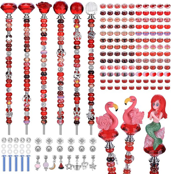 AIPRIDY 158 Pcs DIY Fairy Wand Garden Stakes Kit,Multiple Color Scheme European Beads Crystal Diamond Tops and 12 or 10 Inch Threaded Rods,Stainless Steel Stakes with Diamond Toppe (Red)