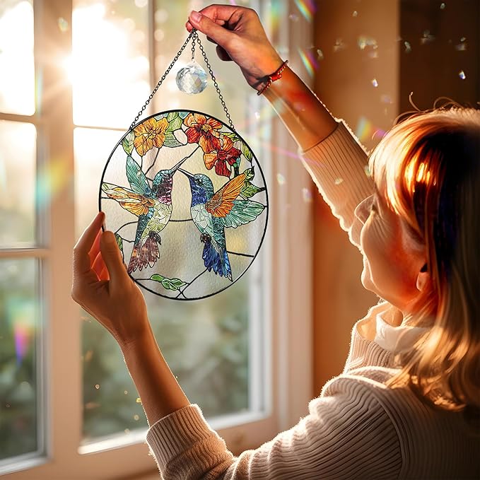 6" Hummingbirds Stained Glass Suncatchers Art Glass Birds for Sun Catcher Indoor Window Gifts for Pet Animal Nature Floral Lovers Women Grandma Mom Friend Painted Panel Décor BIRD-06B-SG6