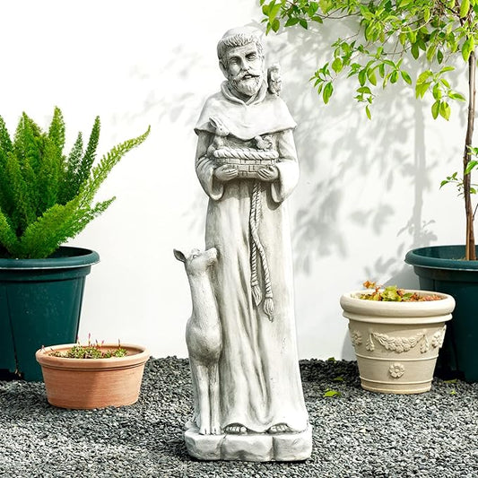 Glitzhome St. Francis Feeds Animals Statue Outdoor Garden Memorail Sculpture, 36.25in Tall, Cement Gray
