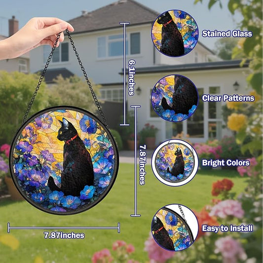 Cat Stained Glass Window Hanging, Flower Suncatcher Diamond Glass Panel Hangings, Sun Catchers Indoor Windows Wall Art, Gifts for Cat Lovers, Christmas Decor for Home Garden Office 7.87 inches