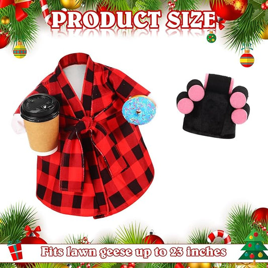 Shyyween Porch Goose Christmas Outfit 23 Inch Lady Goose Statue Clothes Red and Black Plaid Bathrobe Coffee Cup Curlers for Cement Plastic Lawn Geese Outdoor Garden Yard Patio Decoration