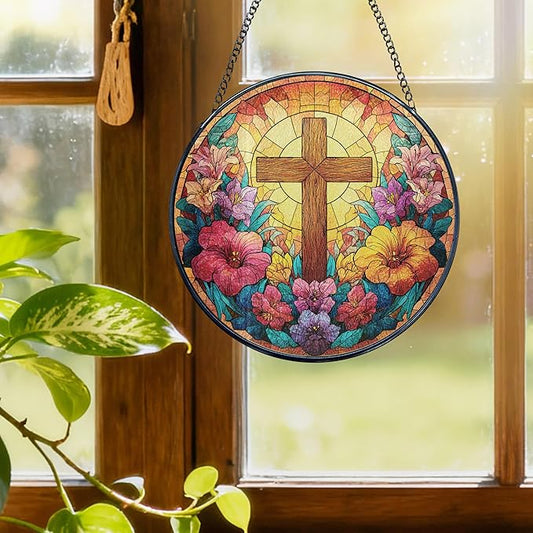 Christian Cross Flower Stained Glass Window Hanging, Cross Suncatcher, Religious Wildflower Christian Sun Catchers Indoor Window Glass Wall Art Hanging Decorations, 7.9x7.9in