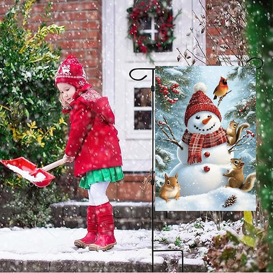 Winter Garden Flags for Outside 12x18 Double Sided, Burlap Holiday Farmhouse Rustic Squirrel Snowman Garden Flag Winter Xmas Decorations, Small Outdoor Christmas Flags for Yard Garden