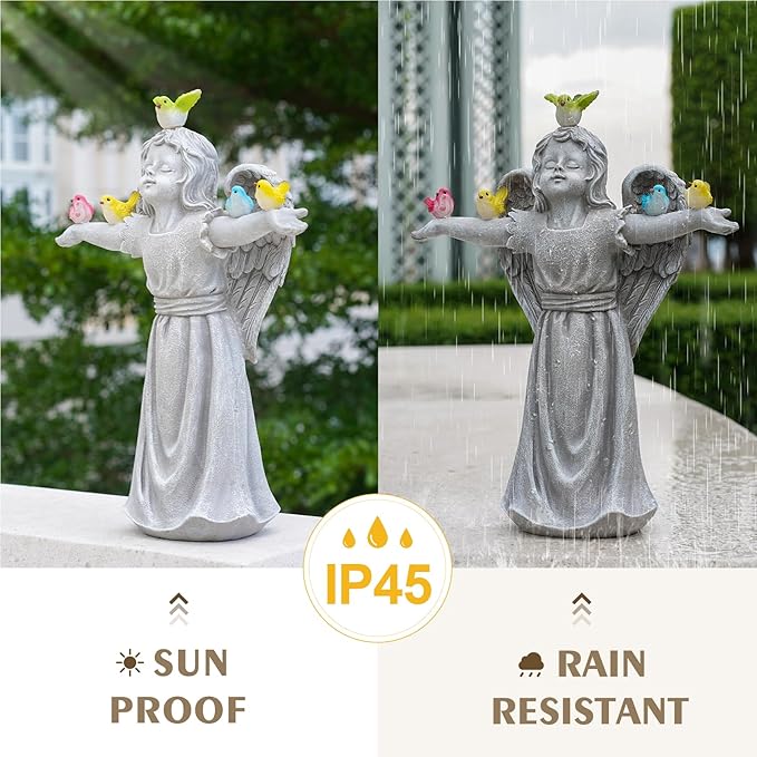 Angel Garden Statue with 5 Birds Solar Lights, Resin Cherub Figurine Outdoor Decor for Garden Porch Yard, Gift for Women Mothers Day Birthday Housewarming