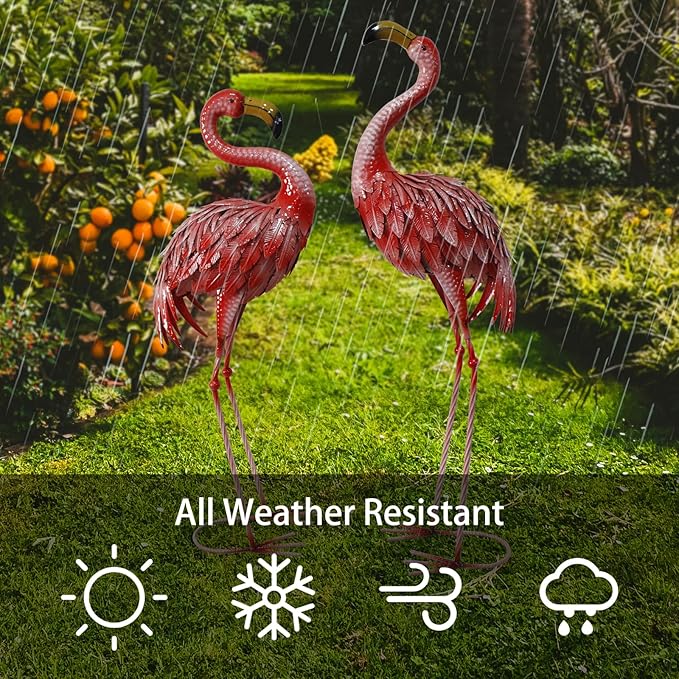 32-36 Inch Yard Flamingos Garden Statues, Metal Flamingo Outdoor Decor, Vibrant Flamingo Statues for Lawn, Backyard, Porch, Patio, Set of 2