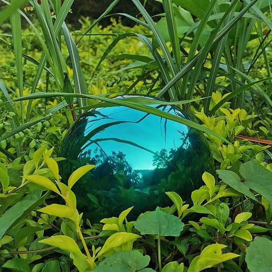 Cyan Blue Gazing Globe Mirror Ball in Stainless Steel, Shiny Hollow Sphere Sparkling Housewarming Outdoor Party Ornament (Cyan Blue, 8 inches)