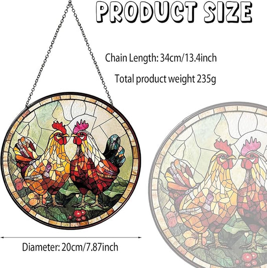 Couple Chicken Stained Glass Window Hanging Chicken Sun Catcher Decor New House Decor Christmas Suncatchers for Home Windows Hanging Decoration, 7.87inch