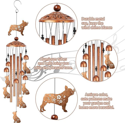 French Bulldog Wind Chimes for Outside, Bulldog Gifts for Women Men Metal Windchimes Outdoors, Dog Home Garden Patio Yard Decor