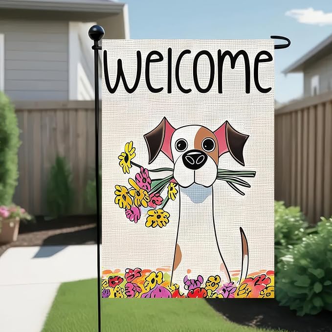 BlissYard Welcome Spring Garden Flag 12x18 Inch Double Sided Cartoon Dog Seasonal Small Flags For Outside Outdoor Decor Yard Farmhouse Holiday Spring Summer Decorations Yard Flags
