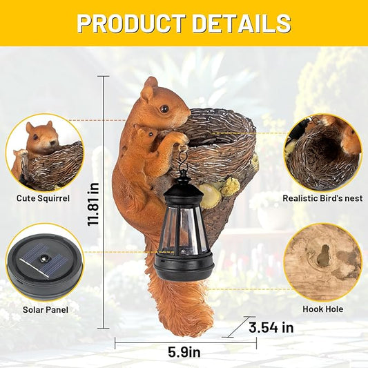 Garden Decor Squirrel Tree Hugger, Outdoor Statue with Solar Powered Lantern for Outside Porch Patio Wall Tree Fence, Housewarming Gifts for Women Mom Garden Lovers