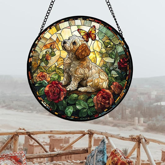 DASTOLL Stained Glass Window Hanging, Cute Dog and Flowers Suncatcher for Doors Home Butterfly Sun Catchers Decoration and Christmas, Mother's Day Birthday Gifts for Women, Men, and Mom 14.9x14.9 in