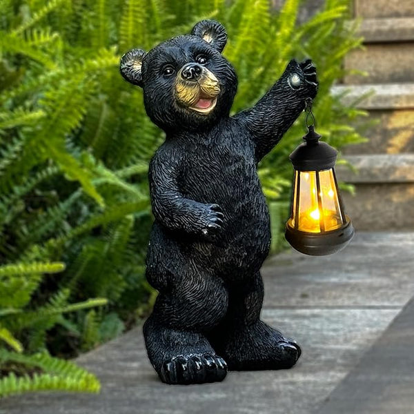 Solar Black Bear Garden Statue - 14" Resin Figurine with Solar LED Lantern, Auto On/Off Waterproof Decor, Dual Use Indoor Outdoor Light for Patio Yard Porch