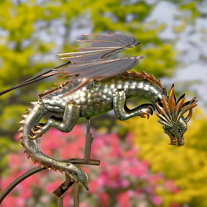 Zaer Ltd. Flying Dragon Garden Stake, 54.75" Tall Metal Rocking Decoration, Metallic Finish, Weighted Balance Design (Tyson)