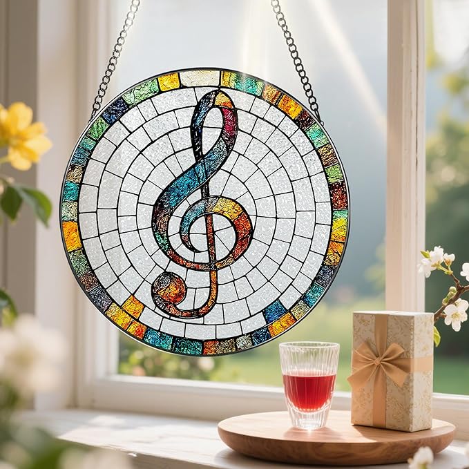 Stained Glass Window Hanging, Pauyadu 8 Inch Musical Stained Glass Suncatcher, Window Decor, Musician Home Decor, Musician Gift, Music Teacher Gifts, Music Accessory, Singer Gift