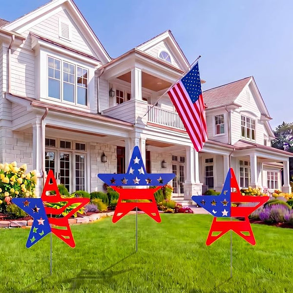 3 Pcs 4th of July Yard Signs Metal Patriotic Star Garden Stakes Red White Blue Lawn Decorations Outdoor American Patriotic Star Yard Decoration with Stake for Independence Memorial Day Lawn Decor