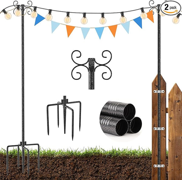 2 Pack Outdoor String Light Poles, Metal Lights Hanging Pole with 4 Hooks and Rustproof, for Patio Garden Deck Backyard Lawn Sunshade and Decor