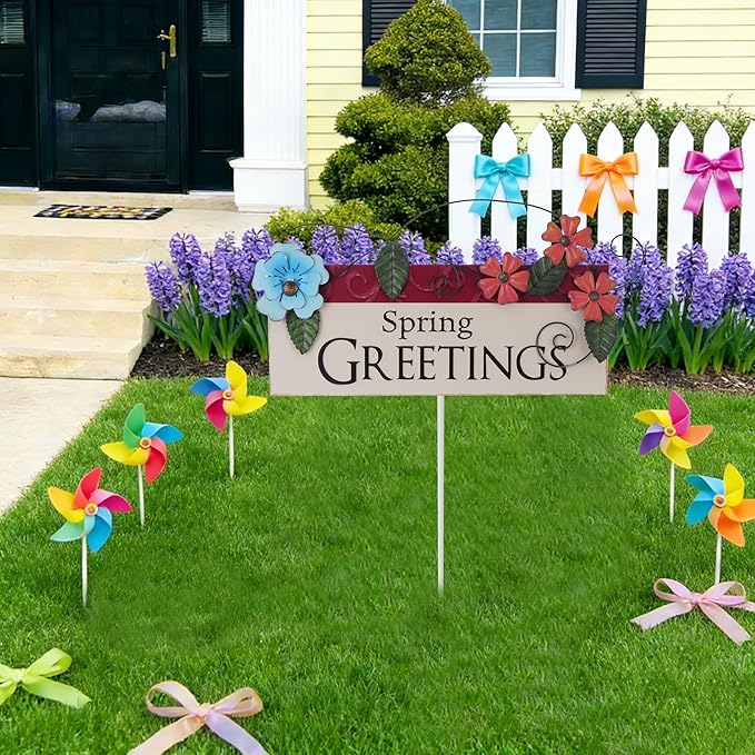 Spring Decor Outdoor Spring Greetings Flower Metal Garden Stakes Decorative Colorful Floral Welcome Sign Yard Art Garden Decorations for Home Outside Lawn Porch Backyard Walkwa