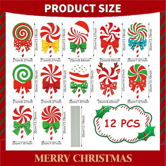 12-Piece Christmas Lollipop Yard Signs with Stakes Decorations – Assorted Candy Cane Peppermint Designs 14 Inches Large Outdoor Holiday Candy Signs for Garden, Lawn, Driveway, and Christmas Party Favor