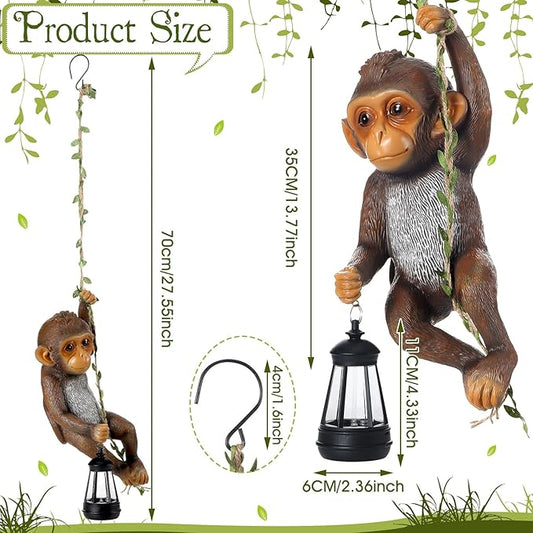Rossesay Solar Light Outdoor Monkey Statues Brown 13.78 Inch Resin Chimpanzee Baby Monkey Climbing on Vine with LED Lantern Waterproof Hanging Figurine with Hook for Yard Garden Wall