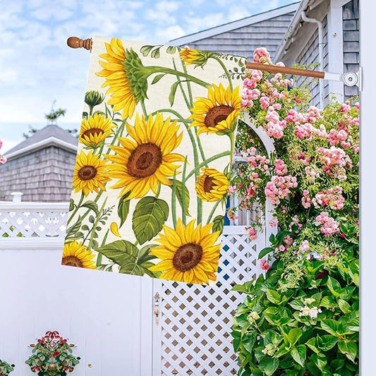 Baccessor Spring Summer Sunflower House Flag 28 x 40 Inch Double Sided Burlap Summer Yellow Flower Green Leaf Farmhouse Large Yard Flag Summer Holiday Seasonal Outdoor Outside Decoration