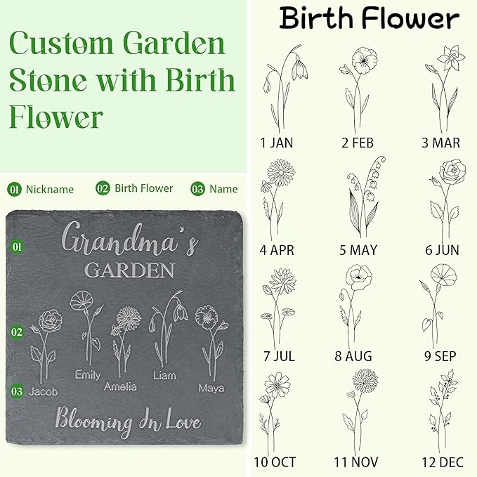 Personalized Garden Stone with Birth Flower Personalized Gifts for Grandma, Mom, Her, Women - Gifts for Mothers Day, Birthday, Christmas, Valentines - Birth Flower Gifts