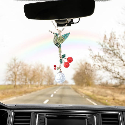 Crystal Hummingbird Sun Catcher with Rhinestones – Sparkling Prism Hanging Ornament for Window, Garden & Car Mirror, Cherry Crystal Décor and Gift for Women, Mom & Bird Lovers