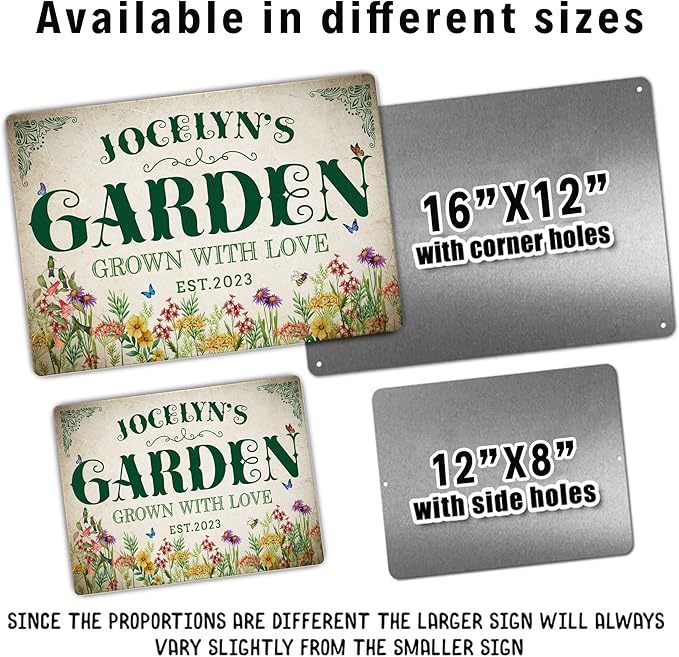 Custom Metal Signs with Name Made in USA Personalized Vintage Garden Sign Waterproof Vintage Decorative Metal Print for Wall Decor Customized Home Garden Ideas Gifts Artwork Prints for Yard Ourdoor