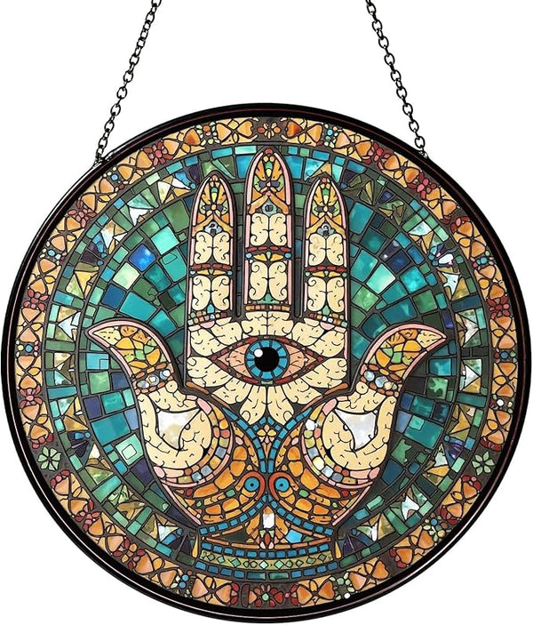 Hamsa Hand Stained Glass Window Hanging Hand of Fatima Sun Catcher Decor Protection Charm Suncatchers for Home Windows Hanging Decoration, 7.87inch